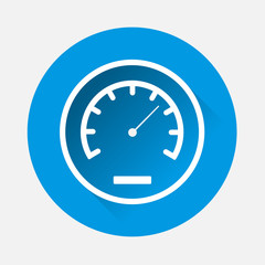 Vector icon speedometer on blue background. Flat image speedometer icon with long shadow. Layers grouped for easy editing illustration. For your design.