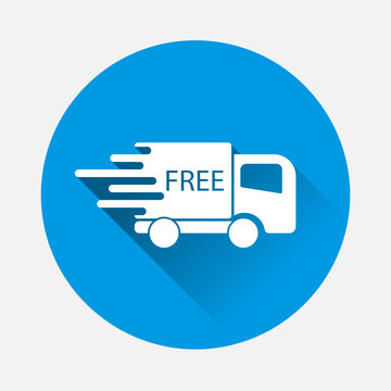 The car is going at high speed, vector icon on blue background. Flat image symbol of free fast delivery  cargo by  logistics company with long shadow. Business illustration car free fast delivery.