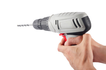 Drill the hand of a man isolated on white