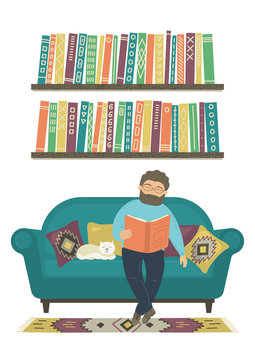Man reads books on sofa on white background. Education, reading, library concept. Original vector illustration.