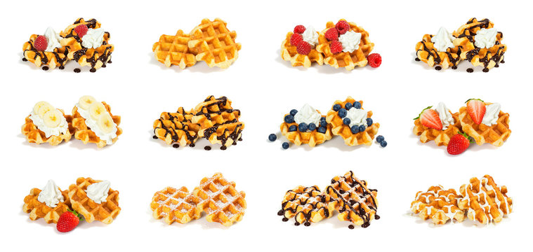 Collection of 12 Liege Style Belgian Waffles with Sweet Toppings Isolated on White Background