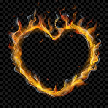 Translucent heart of fire flame with smoke on transparent background. For used on dark backdrops. Transparency only in vector format