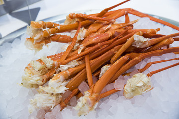 Big claw crab on ice in buffet restaurant, Japan