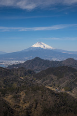 Fototapeta premium Mt.Fuji with blue sky in vertical landscape