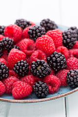 Fresh raspberries in a plate on a  vintage background.