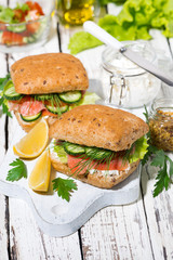 sandwich with salted fish and cream cheese, vertical top view