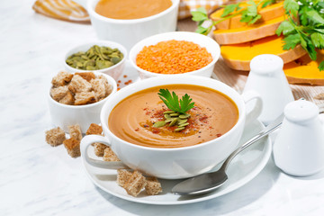 soup of pumpkin and lentils in a bowl on white background