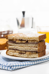sweet breakfast - sandwich with chocolate paste and banana, vertical