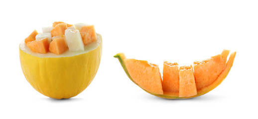 Set with fresh ripe melon pieces on white background