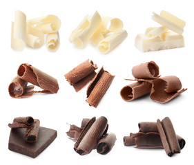 Set with different kinds of delicious chocolate on white background