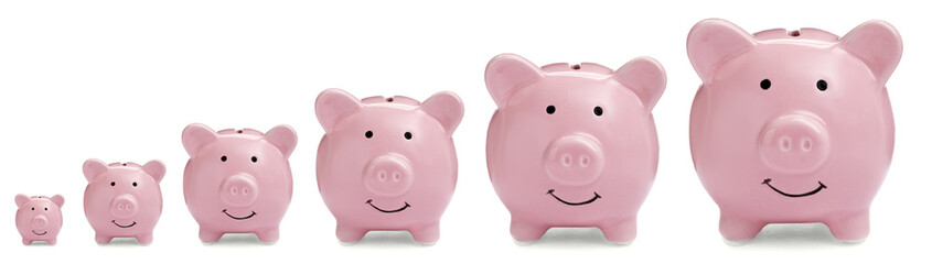 Set with different sized pink piggy banks on white background
