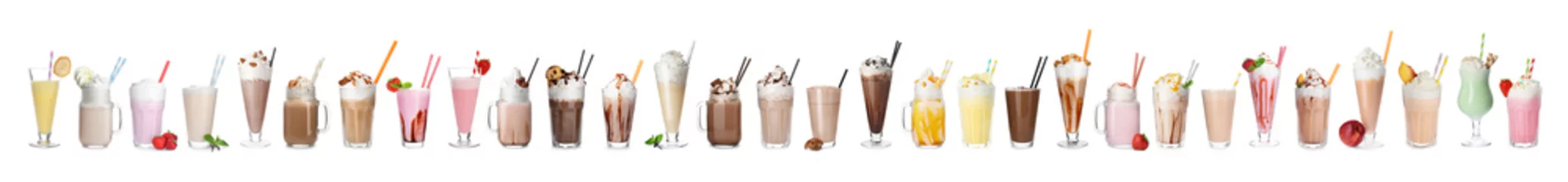  Set with different delicious milk shakes on white background © New Africa