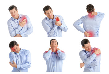 Set with young man suffering from pain in different parts of body on white background