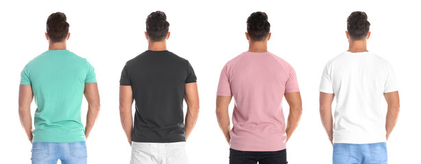 Obraz premium Set with man in different blank colorful t-shirts on white background, back view. Mock up for design