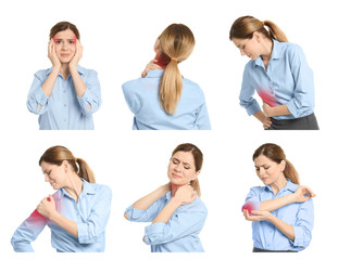 Set with mature woman suffering from pain in different parts of body on white background