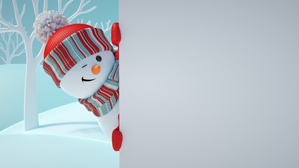 3d render, cute snowman blinking, playing hide and seek, looking out the corner, holding blank banner, white page, Christmas background, New Year, greeting card, space for text, winter landscape