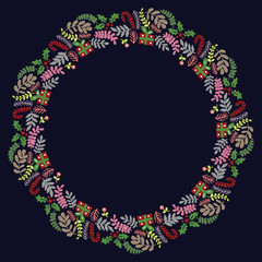 Christmas Hand Drawn Wreath with Round Frame for Cards Design Vector Layout with Copyspace Can be use for Decorative Kit, Invitations, Greeting Cards, Blogs, Posters, Merry X’mas and Happy New Year.