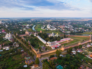 Scenic panoramic view of Suzdal, Russia. St Euthymius Monastery at the small river. Suzdal is a famous tourist attraction and part of the Golden Ring of Russia. Beautiful panorama of Suzdal in summer