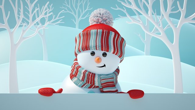 3d render, cute snowman smiling, looking at camera, holding blank banner, white page, Christmas background, New Year, greeting card, space for text, winter landscape