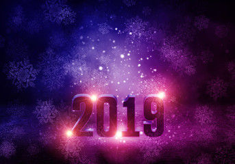 2019 is a symbol of the new year. Abstract background with bokeh, neon light, rays, spotlights, snowflakes