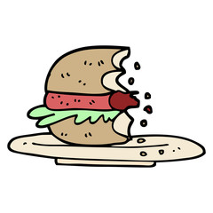 hand drawn doodle style cartoon half eaten burger