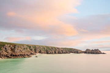 View over Pedn Vounder beach and Logan Rock seen from Minack Open Air Theatre; Cornwall; England; UK