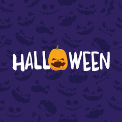 Halloween party vector banner with pumpkin and scary faces, holiday typography poster.