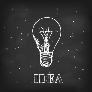Vector illustration of lamp and IDEA caption on dark chalk board