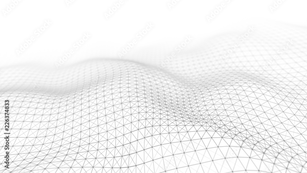 Poster Wave white background. Abstract white futuristic background. Wave with connecting dots and lines on dark background. Wave of particles. 3D rendering.