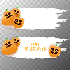 Halloween web white grunge cartoon Banner or poster with Halloween scary pumpkins isolated on transparent background . Funky kids Halloween banner with space for greeting text or sale