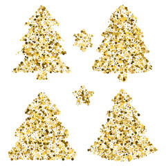 Four christmas trees at greeting card.  Vector art with dots different size. Template for laser cutting. Large and small dots in tree shape.