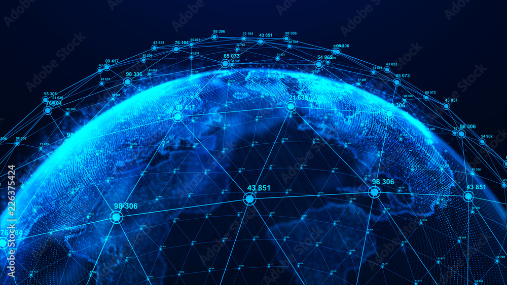 Poster Global network concept. World map point. Global network planet Earth. 3D rendering.