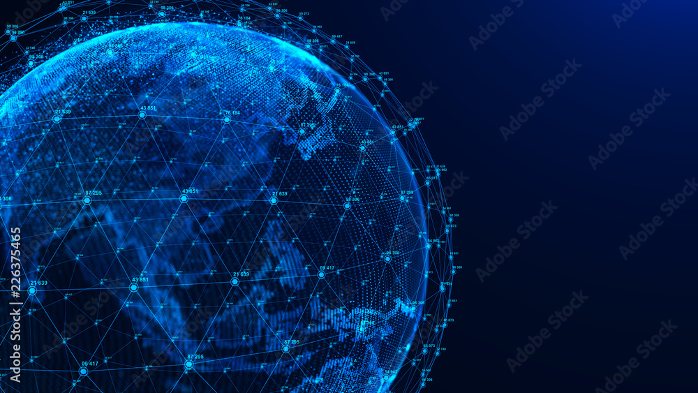 Poster Global network concept. World map point. Global network planet Earth. 3D rendering.