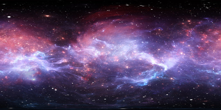 Fototapeta 360 degree space nebula panorama, equirectangular projection, environment map. HDRI spherical panorama. Space background with nebula and stars