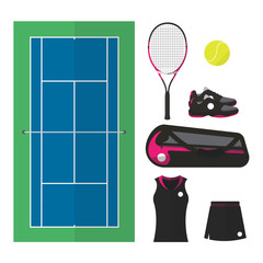Tennis things. Top view of court and  female equipments like racket, ball, shoes and others. Simple flat design style vector.