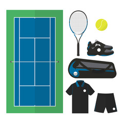 Tennis things. Top view of court and  male equipments like racket, ball, shoes and others. Simple flat design style vector.