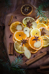 Ingredients medicinal tea Citrus spices Slices lemon orange ginger cloves cinnamon