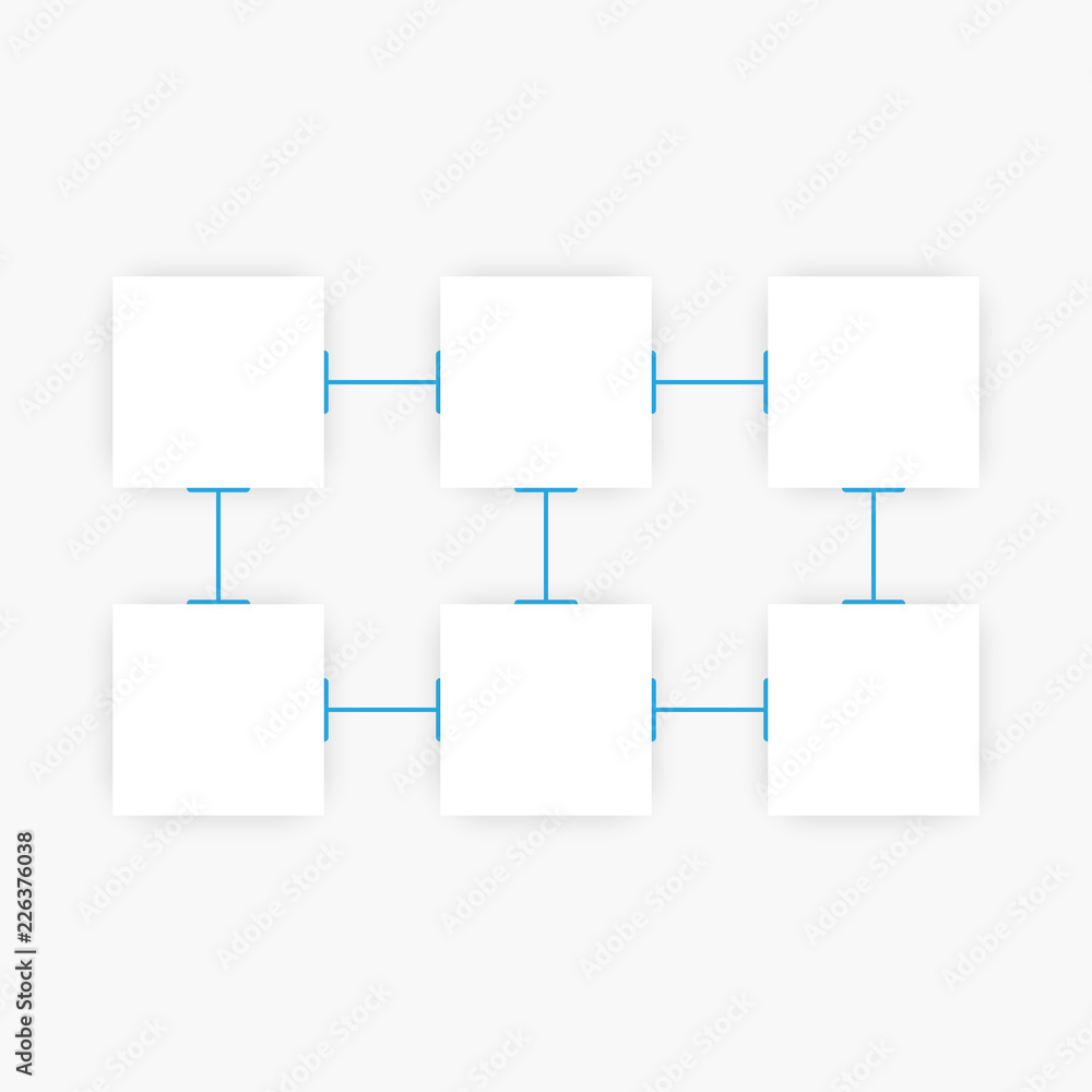 Aufkleber empty post it style paper background with six blank square and connection lines between. 6 step info