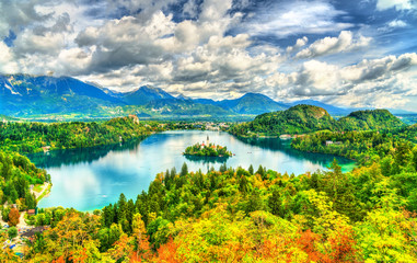 Panoramic view of Lake Bled with the island in Slovenia