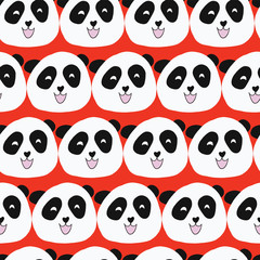 Panda bear seamless vector repeat pattern. Cute animal illustration on red background for girls and boys. For fabric, paper, kids room decor, wallpaper, school, nursery, baby shower, card, birthday