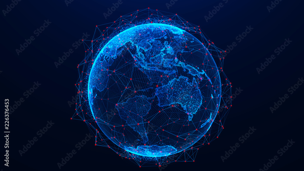 Aufkleber Global network concept. World map point. Global network planet Earth. 3D rendering.