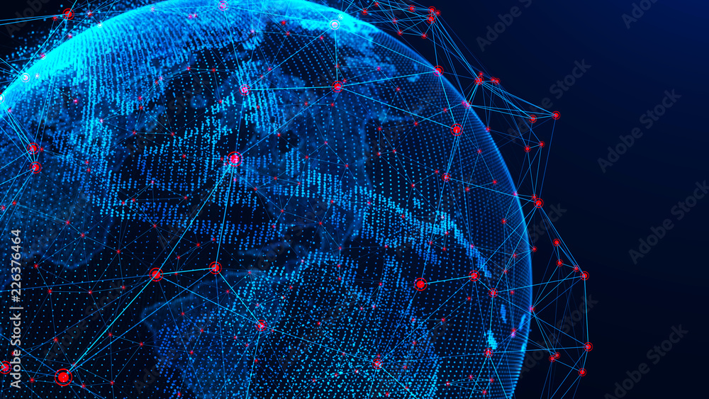 Poster Global network concept. World map point. Global network planet Earth. 3D rendering.