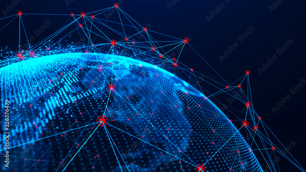 Poster Global network concept. World map point. Global network planet Earth. 3D rendering.