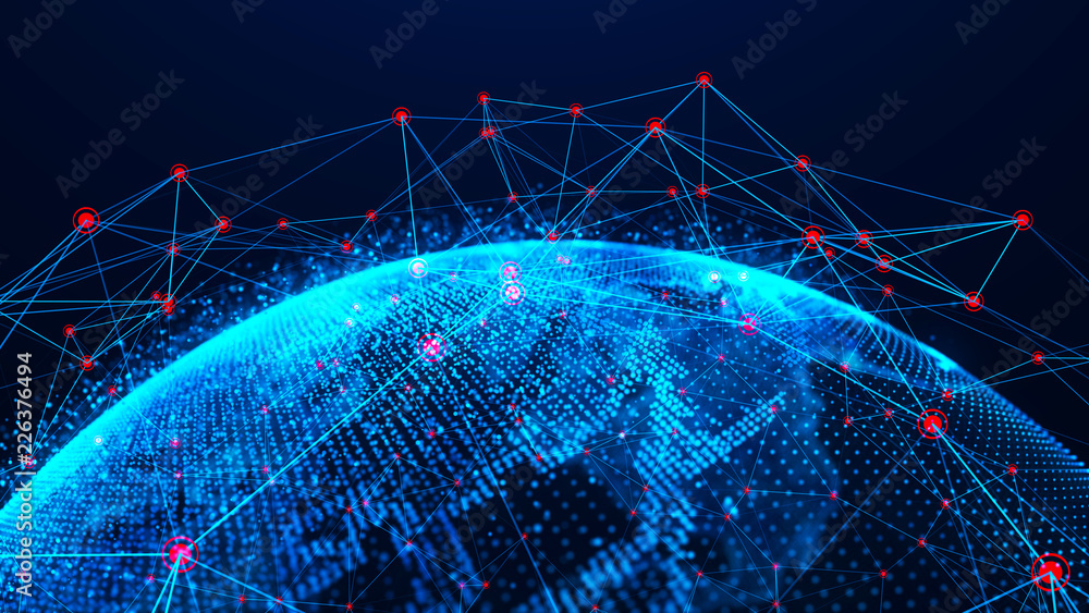 Poster Global network concept. World map point. Global network planet Earth. 3D rendering.
