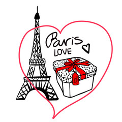 Fashion illustration of a gift box with a red bow in the frame. Merry Christmas Paris Eiffel Tower. Vector illustration of a hand drawing isolated on white background