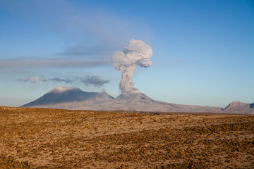 sabancaya volcano erupting with ash cloud at colca canyon peru 2018