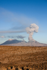 sabancaya volcano erupting with ash cloud at colca canyon peru 2018