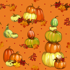 Funny seamless background with texture of ripe pumpkins on theme of the Halloween holiday party. Cute greeting card on theme of golden autumn, thanksgiving day. Cartoon vector close-up illustration.