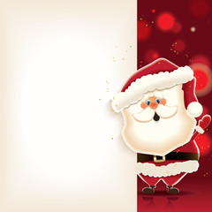 Santa Claus with blank signboard isolated on red sparkle background.Empty signboard for your text.