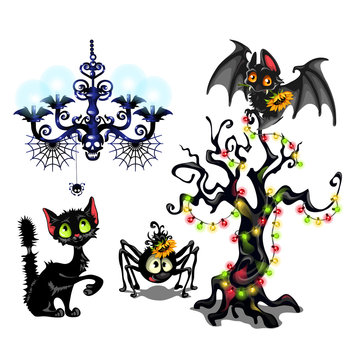 Set of elements to create poster on theme of Halloween holiday party. Cute bat, tree with garlands, black cat, spider, attributes of celebration of day of all evil spirits of Halloween. Cartoon vector